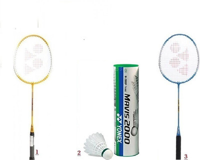 

Yonex Combo of 2 Yonex GR 303 Badminton Racquets + 1 Mavis 2000 Shuttle cock (pack of 6) Silver, Red, Black, Yellow, Blue Strung Badminton Racquet(G3 - 3.5 Inches, 90 g), Black;blue;red;silver;yellow