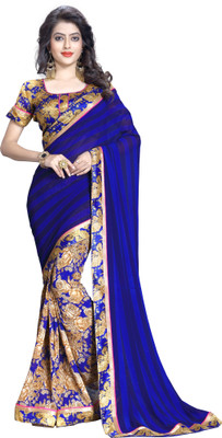 Oomph! Floral Print Fashion Georgette, Chiffon Saree(Blue, Brown) Flipkart