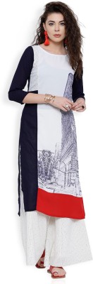 Vishudh Women Printed Straight Kurta(Dark Blue, White)