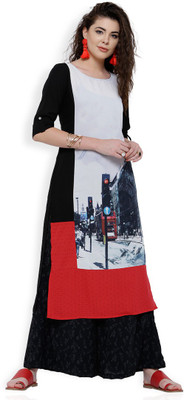 Vishudh Women Printed Straight Kurta(White, Black)