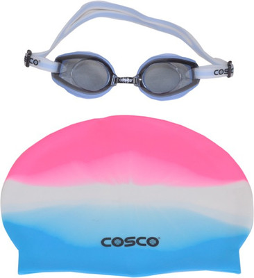 

Cosco SWIMMING GOGGLES (AQUA DASH) &CAP PRO COMBO Swimming Cap(Blue, Pack of 2), Blue goggles;multi cap