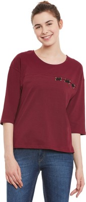 Miss Chase Casual 3/4 Sleeve Solid Women Maroon Top