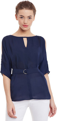 Miss Chase Party Slit Sleeve Solid Women Dark Blue Top