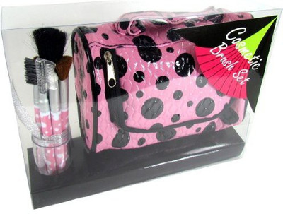 

4sgm Cosmetic Make Up Brush Set And Cosmetic Travel Case (6.5"x5.5"x3") - Pink With Black Dots(Pack of 6)