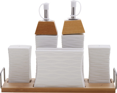 

EZ Life 6 Pcs Table Tray Set with Oil & Vinegar Bottle, Salt Pepper Shakers & Tissue Holder- White Ceramic & Wood Oil & Vinegar Set(Ceramic)
