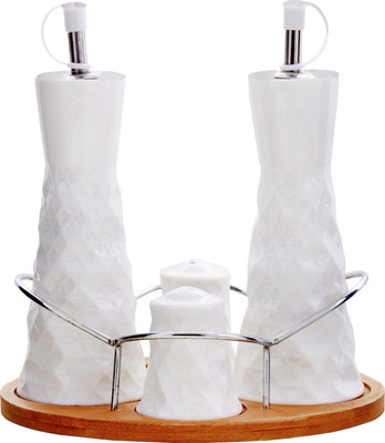 

EZ Life Oil & Vinegar Dispensers with Salt Pepper Shakers Set -Prism- Ceramic - White Oil & Vinegar Set(Ceramic)