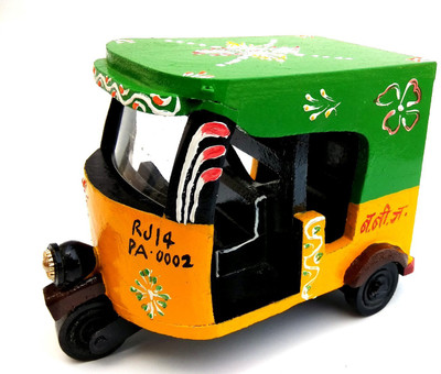 

Little Jaipur Hand Carved Wooden Auto Riksha Decorative Showpiece - 11 cm(Wooden, Green, Yellow)