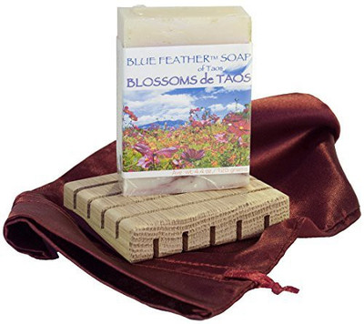 

Blue Feather Blossoms De Taos Handcrafted Soap With Premium White Oak Soap Deck, Bundle Of 2 Items(100 g)