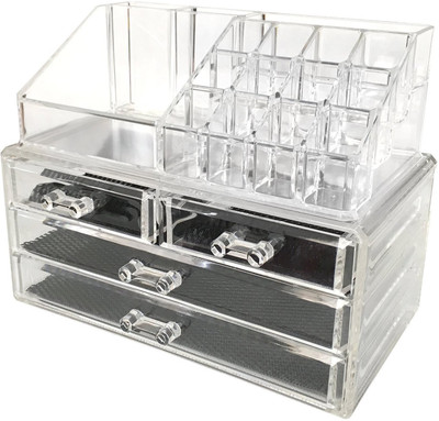 

Swarish Transparent 4 Drawers Jewelry Storage With Mirror Cosmetic Organizer Vanity Box(White)