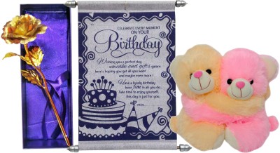 Saugat Traders Birthday Gift Combo - Birthday Scroll Card, Soft Couple Teddy & Artificial Golden Rose(Set of 3)