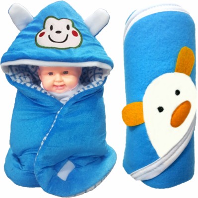 BRANDONN Animal Single Hooded Baby Blanket for  Mild Winter(Polyester, Blue)