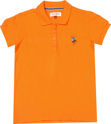 

US Polo Kids Girls Solid Cotton T Shirt(Orange, Pack of 1