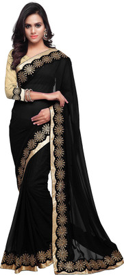 Sourbh Sarees Plain Fashion Georgette Saree(Black)