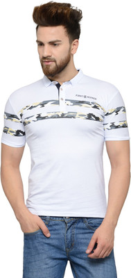 Camey Printed Men Polo Neck White T-Shirt