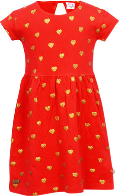 Lil Orchids Girls Midi/Knee Length Casual Dress(Red, Half Sleeve
