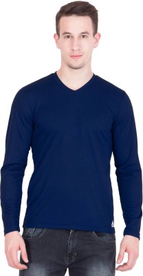 DS WORLD Solid Men V Neck Dark Blue T-Shirt