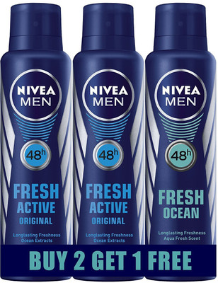 

Nivea FRESH ACTIVE (BUY 2 GET 1 FREE) Body Spray - For Men & Women(0.450 ml, Pack of 3)