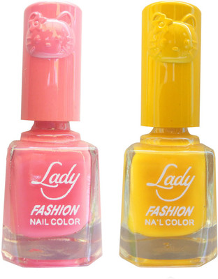 Lady Fashion Colour Cap Insta Dry Nail polish (Evergreen Colours) Pink,Yellow(Pack of 2)