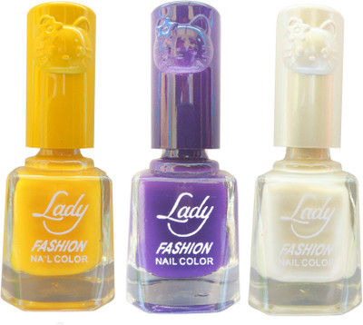 Lady Fashion Colour Cap Insta Dry Nail polish (Evergreen Colours) Yellow,Purple,Creamy White(Pack of 3)
