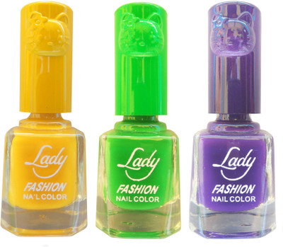 Lady Fashion Colour Cap Insta Dry Nail polish (Evergreen Colours) Yellow, Light Green,Purple(Pack of 3)