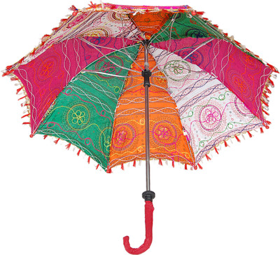 

Yokoso International Folding Summer Rajasthani Umbrella Cotton Sequins Embroidered Work parasol decor Umbrella(Multicolor)