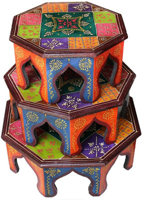 

Crafticia Home Decorative Ethnic Hand painted Pooja Bajot Wooden All Purpose Octagonal Chowki Set Wooden All Purpose Chowki(Multicolor, Pack of 3)