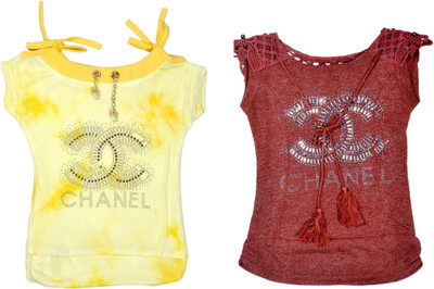 

Hey Baby Girls Party Cotton Viscose Blend Off Shouldered Top(Multicolor, Pack of 2