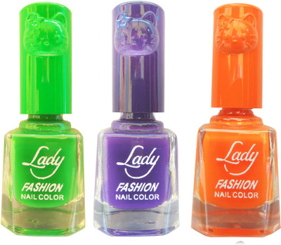 

Lady Fashion Colour Cap Insta Dry Nail polish (Evergreen Colours) Light Green,Purple,Orange(Pack of 3)