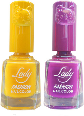Lady Fashion Colour Cap Insta Dry Nail polish (Evergreen Colours) Yellow,Purple(Pack of 2)