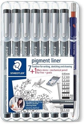 STAEDTLER Pigment Liner (7 Pens + 0.5mm Mechanical Pencil) Fineliner Pen(Pack of 8, Black)