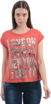 

Pepe Jeans Printed Women's Round Neck Red T-Shirt, Brick