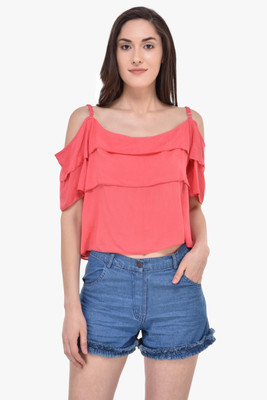 MAYRA Party Cold Shoulder Solid Women Pink Top