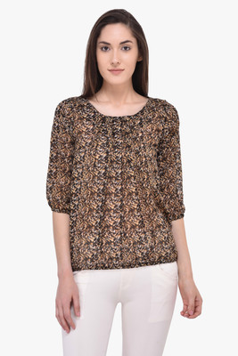 MAYRA Party 3/4 Sleeve Printed Women Brown Top