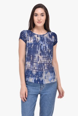 MAYRA Party Short Sleeve Printed Women Blue Top