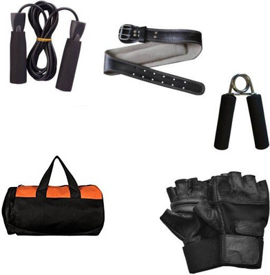 

KONEX COMBO OF 1 GYM BAG + 1 FOAM HAND GRIP + SKIPPING ROPE + GYM GLOVES + WEIGHT LIFTING BELT FOR GYM AND HOME FITNESS. Gym & Fitness Kit