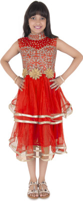 Addyvero Girls Midi/Knee Length Party Dress(Red, Sleeveless