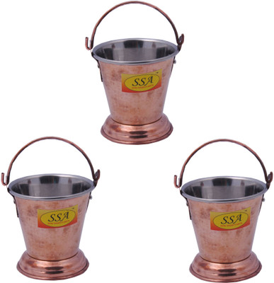 

Shivshakti Arts Set Of 3 Handmade Pure Steel Copper Bucket/Balti Hammered Design With Handle No 2 Pot 0.3 L(Copper), Brown
