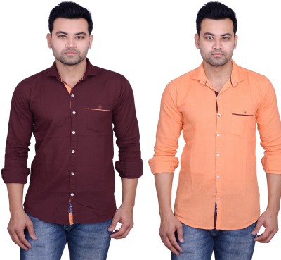 La Milano Men Solid Casual Brown, Orange Shirt(Pack of 2)