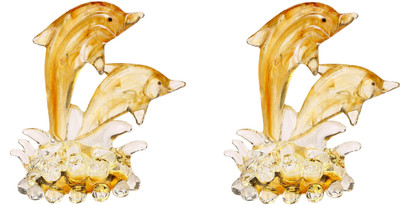 1st Time Playing Dolphin Pair In Water (Set Of 2)-II Decorative Showpiece  -  7 cm(Glass, Yellow)