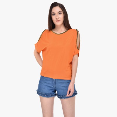 MAYRA Casual Short Sleeve Solid Women Orange Top