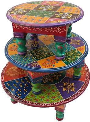 

Crafticia Home Decorative Ethnic Hand painted Pooja Bajot Wooden All Purpose Round Chowki Set Wooden All Purpose Chowki(Multicolor, Pack of 3)