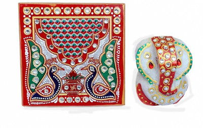 

AnD Artvilla 1003 Beautifully Handmade Mayur Printed Antique Ganesh Marble Pooja Chowki(Multicolor, Pack of 2)