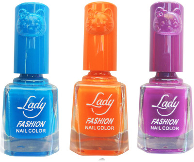 

Lady Fashion Colour Cap Insta Dry Nail polish (Evergreen Colours) Blue,Orange,Purple(Pack of 3)