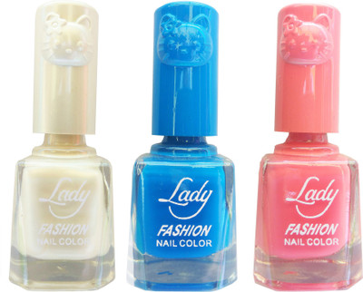 

Lady Fashion Colour Cap Insta Dry Nail polish (Evergreen Colours) Creamy White,Blue,Pink(Pack of 3)