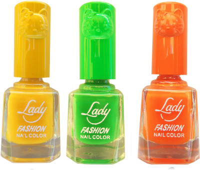 

Lady Fashion Colour Cap Insta Dry Nail polish (Evergreen Colours) Yellow, Light Green,Orange(Pack of 3)