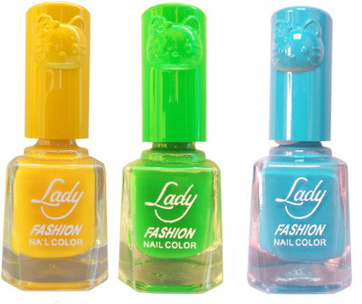 

Lady Fashion Colour Cap Insta Dry Nail polish (Evergreen Colours) Yellow, Light Green,Blue(Pack of 3)
