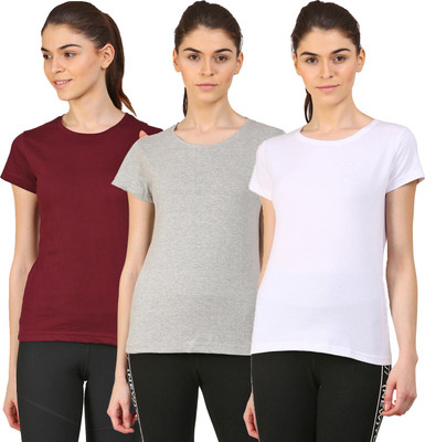 Ap'pulse Solid Women Round Neck White, Maroon, Grey T-Shirt