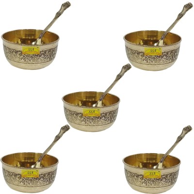 Shivshakti Arts Brass Vegetable Bowl Combo Of Handmade Pure 5 Brass Bowl Embossed Design with 5 Brass Spoon(Pack of 10, Yellow)