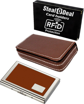 

Stealodeal Rfid Secure Brown Metal and Leather 15 Card Holder(Set of 2, Brown)