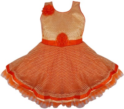 Wishkaro Girls Midi/Knee Length Casual Dress(Orange, Sleeveless)